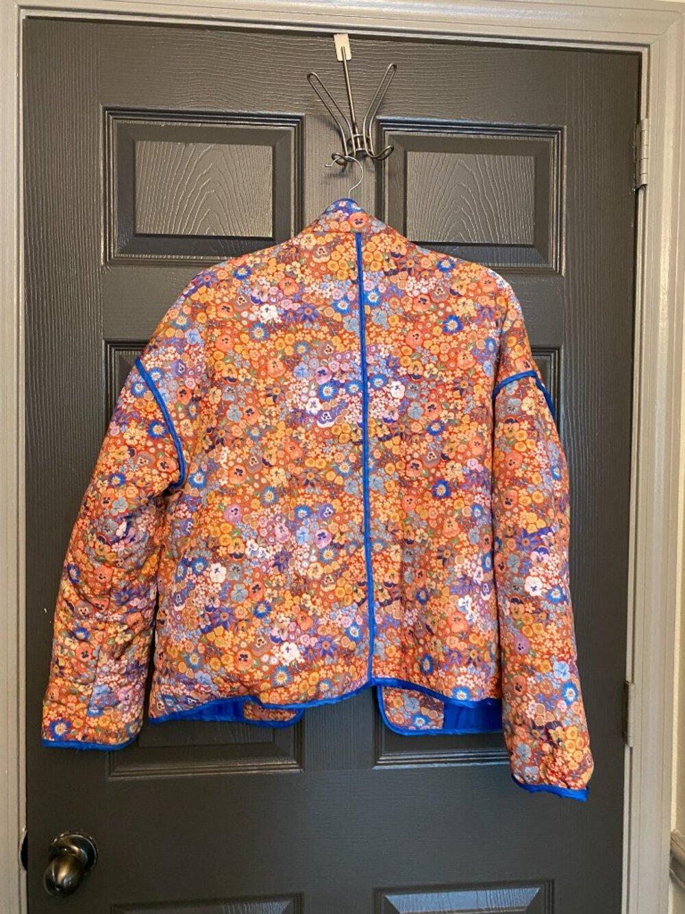 Womens Floral Quilted Jacket Medium Orange Blue Lightweight Puffer Coat Boho Poc - Picture 4 of 9